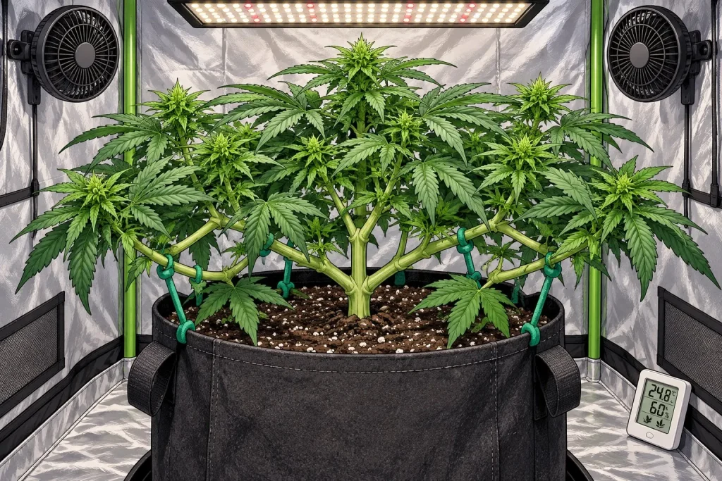 Technique Low Stress Training sur un plant de cannabis, illustration style manga coloré