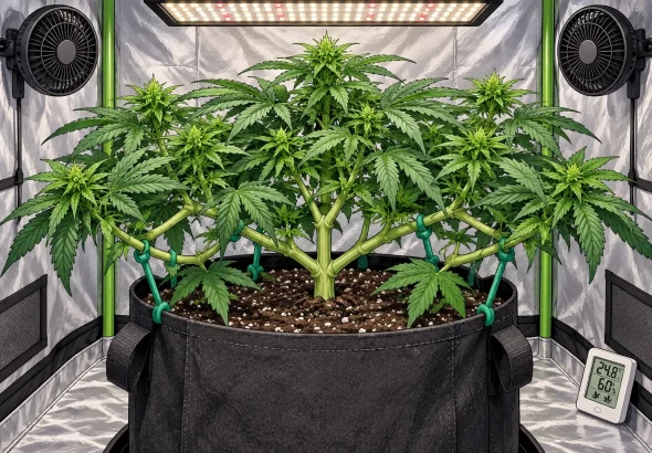 Technique Low Stress Training sur un plant de cannabis, illustration style manga coloré
