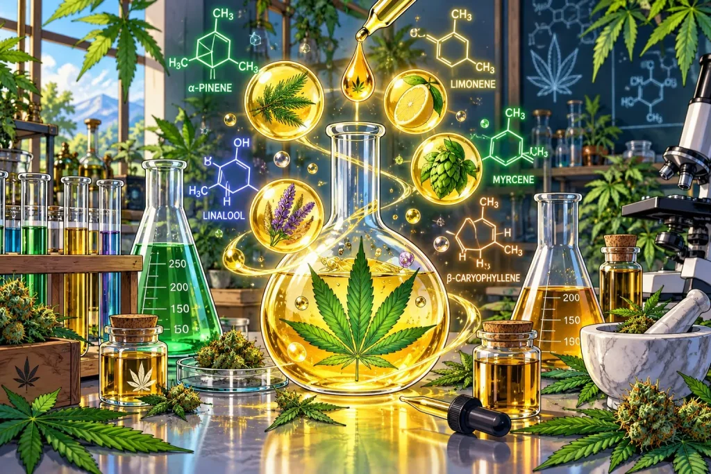 Terpènes et cannabinoïdes, molécules aromatiques, illustration style manga coloré