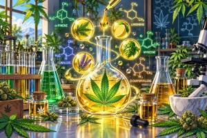 Terpènes et cannabinoïdes, molécules aromatiques, illustration style manga coloré