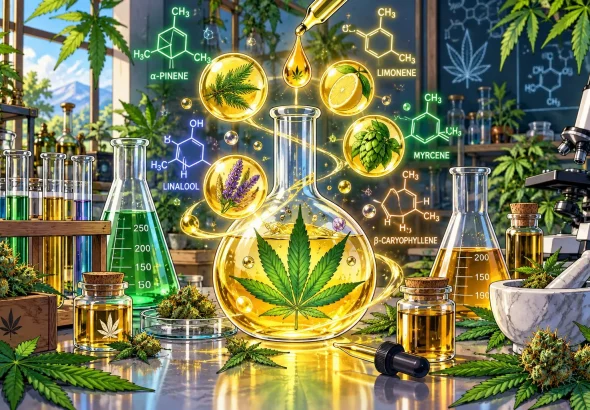 Terpènes et cannabinoïdes, molécules aromatiques, illustration style manga coloré