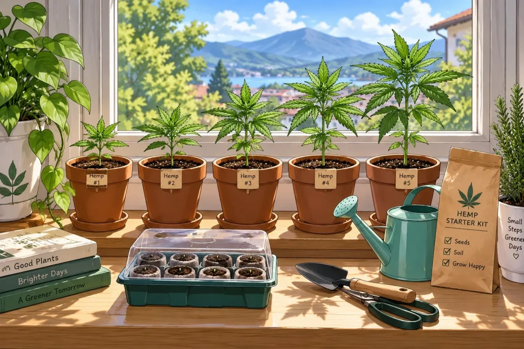 Jeunes plants de cannabis pour débutants, illustration style manga coloré