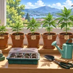Jeunes plants de cannabis pour débutants, illustration style manga coloré