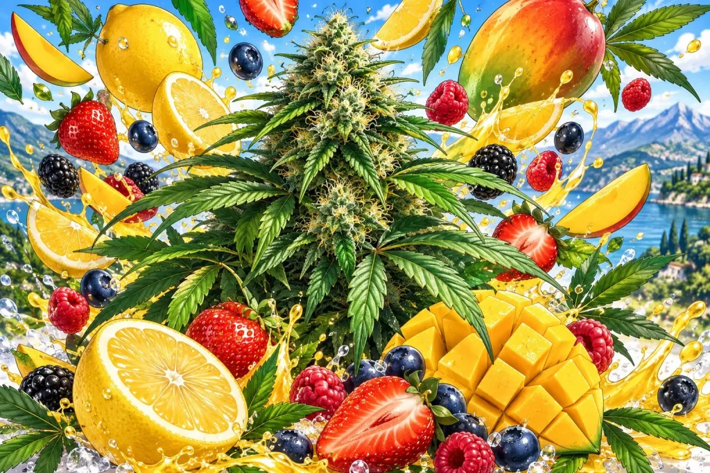 Variété de cannabis aux arômes fruités, illustration style manga coloré