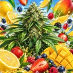 Variété de cannabis aux arômes fruités, illustration style manga coloré