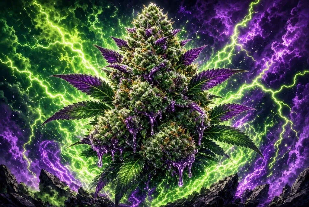 Plante de cannabis surpuissante aux tetes givrees entouree d eclairs verts et violets, style manga