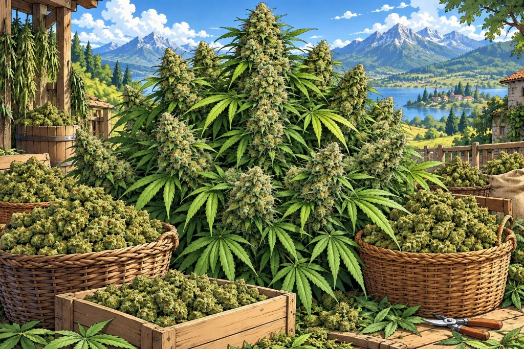 Variété de cannabis à gros rendement, illustration style manga coloré