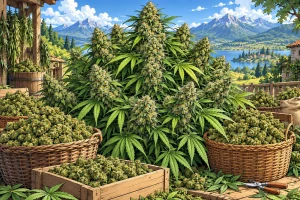 Variété de cannabis à gros rendement, illustration style manga coloré