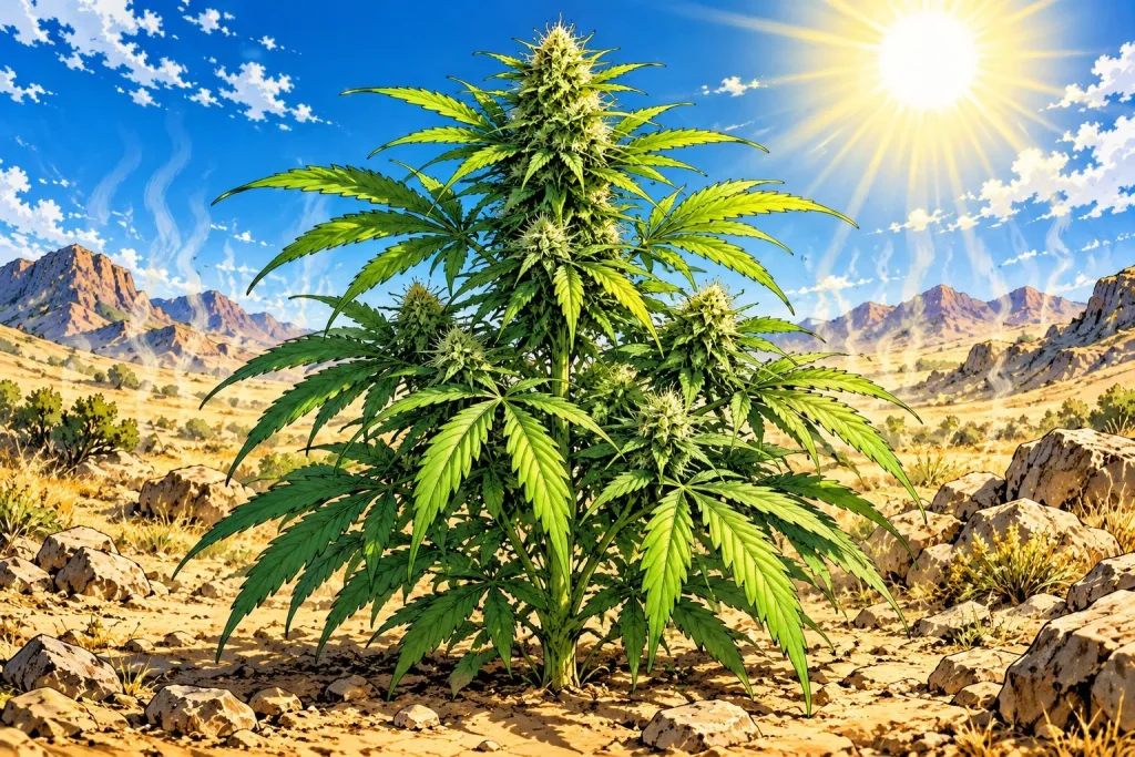 Variété de cannabis résistante à la chaleur sous le soleil, illustration style manga coloré