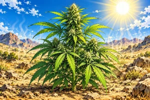 Variété de cannabis résistante à la chaleur sous le soleil, illustration style manga coloré